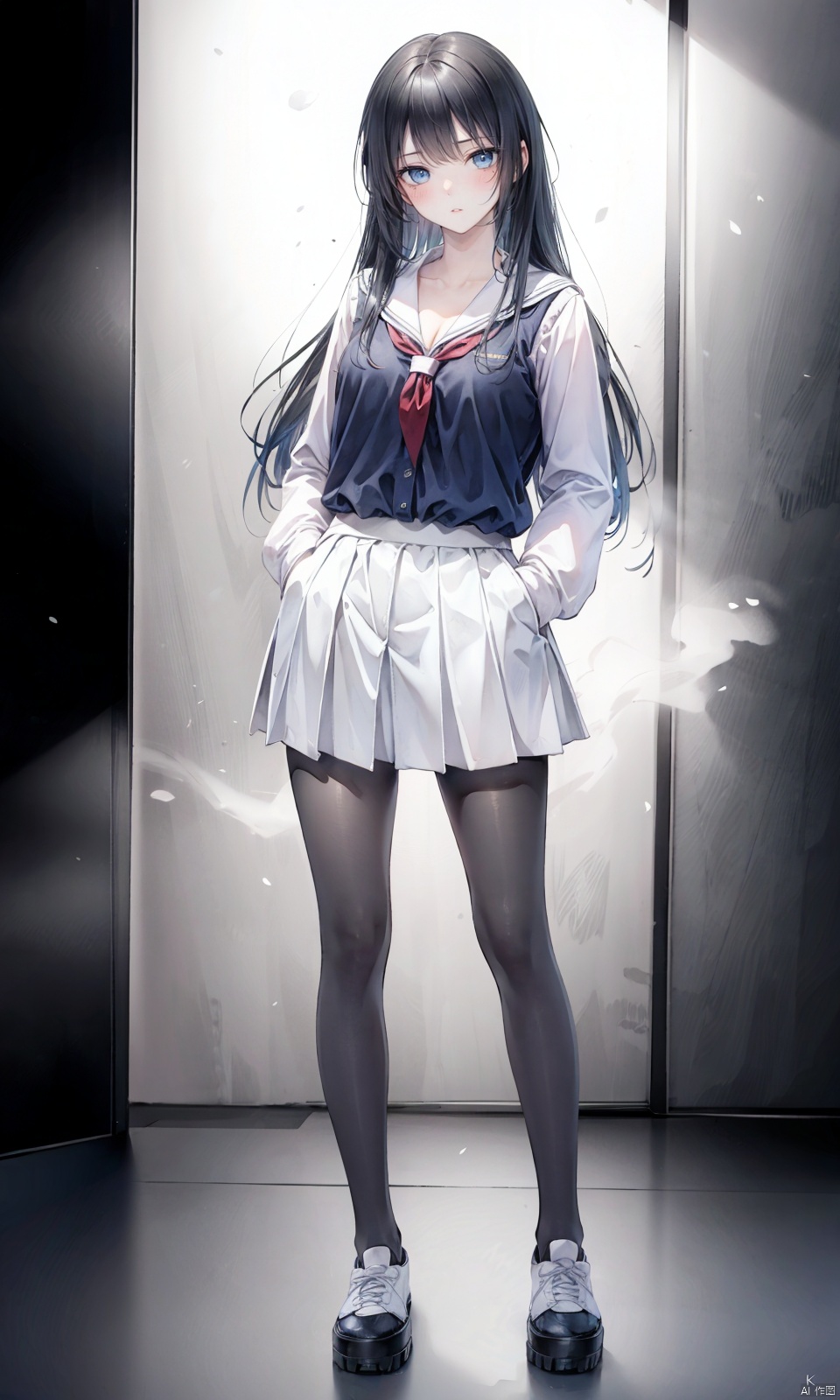 1girl, school_girl, school_uniform, black pantyhose, platform_sneakers, looking at viewer, standing, hands in pockets, full_body, slim figure, curvaceous figure, toned legs, voluptuous hips, medium breasts, cleavage, porcelain skin, blue eyes, Beautiful detailed eyes, beautiful detailed face, expressionless, blush, half-opened eyes, parted lips, dark black hair, gradient hair, long hair, 

(masterpiece:1.2), bestquality, PIXIV, ChihunHentai, high resolution, beautiful detailed, finely detail, depth of field, extremely detailed CG unity 8k wallpaper, game_cg, strong rim light, realistic, photorealistic, detailed textures, vibrant colors, rich shadows, subtle details, atmospheric effects, High dynamic range, soft shadows, particle effects, artistic composition, cinematic presentation, immersive environments, authentic materials,
