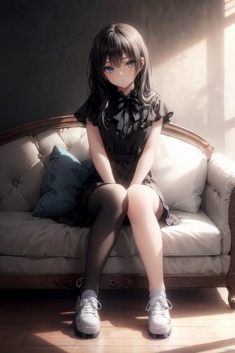  1girl, sitting, black-hair, long_hair, expressionless, lower body, close-up, legs, (legs_apart:1.5), upskirt, black pantyhose, feet_fetish, shoe_fetish, shoes, platform_sneakers, 
sofa, masterpiece, best quality, high resolution, beautiful detailed, finely detail, depth of field, extremely detailed CG unity 8k wallpaper, game_cg, strong rim light, realistic, photorealistic, detailed textures, vibrant colors, rich shadows, subtle details, atmospheric effects, High dynamic range, soft shadows, particle effects, artistic composition, cinematic presentation, immersive environments, authentic materials,