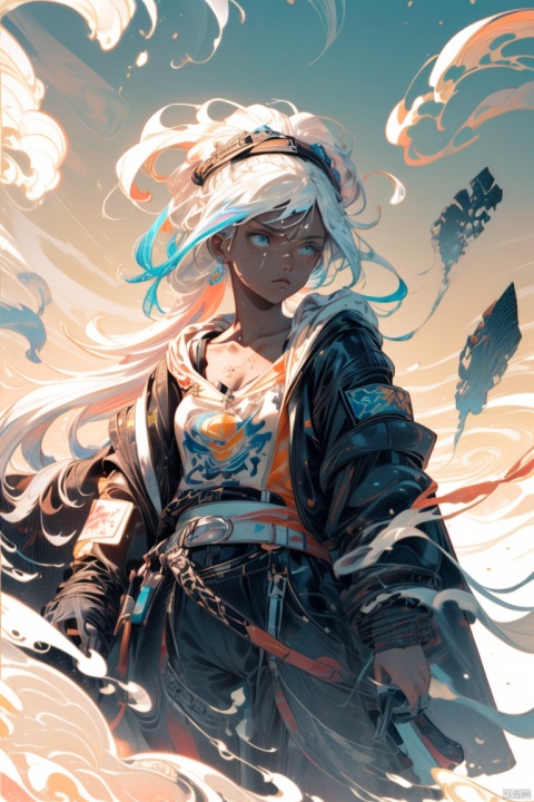  (dramatic, gritty, intense:1.4),masterpiece, best quality,8k, insane details,hyper quality,ultra detailed, Masterpiece,(calligraphy:1.4),(ether colorful ink flowing:1.3),1girl,A shot with tension,white hair,exposed collarbone,sideways,Simple background