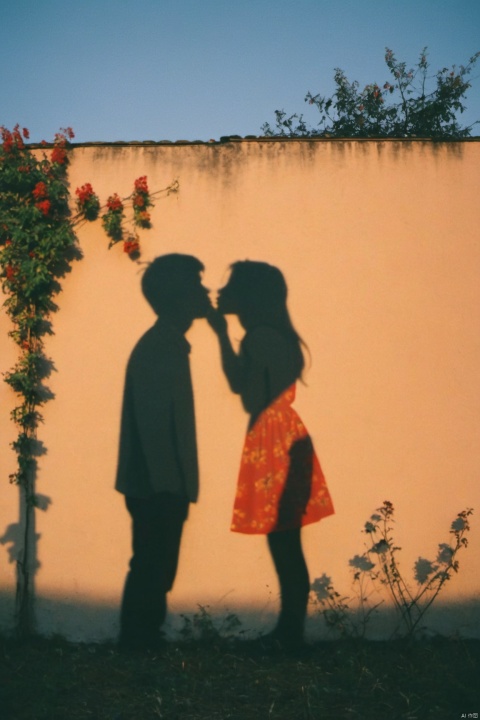 Cinematography style, cinematography, Tyndall effect, a 16 years old boy is kissing a stick figure mural of a shadow of girl,shadow on the wall,The outline of vines and flowers,The red sunset glow., film grain