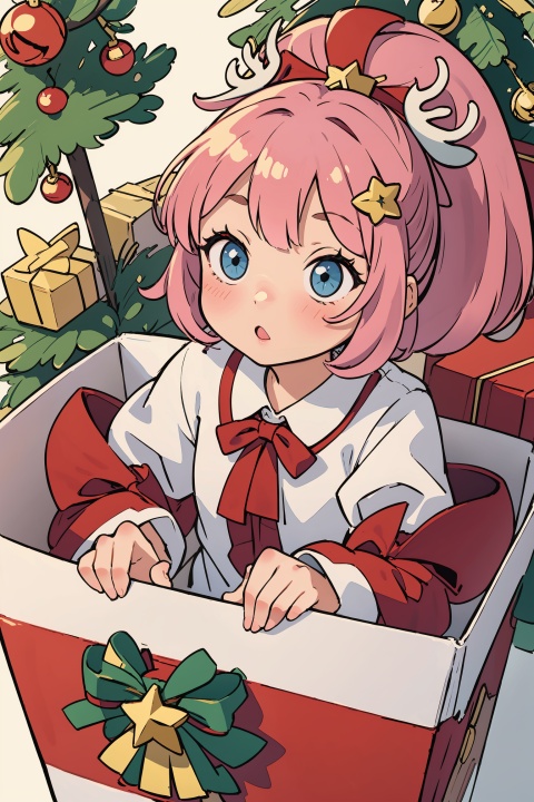  (loli),(petite),pink hair,beautiful starry eyes,high ponytail,white collared shirt,hair flower,fipped hair,floating hair,(solo),(presentbox:1.4),jingle bell,(antler ornament:1.2),(star hair ornament:1.2),presentbox, in container