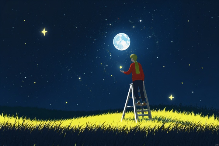  man on ladder, painting moon, night sky, stars, green field, whimsical, vibrant colors, magical scene, creativity, artistic concept, nature, celestial, artwork, dreamlike, soft light, grass, ladder, red sweater, color contrast, visual metaphor, starry night, peace, solitude,Movie style background