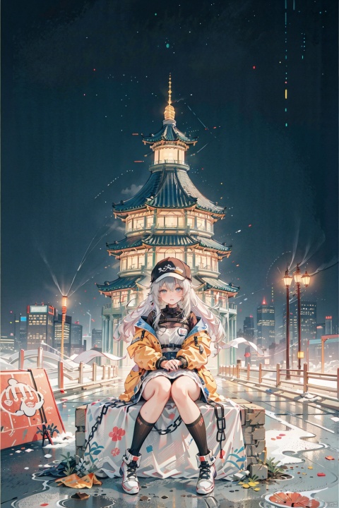  skyscraper, building, city, cityscape, hat, earrings, baseball_cap, 1girl, long_hair, jacket, chain-link_fence, hood, bridge, solo, architecture, shoes, sitting, city_lights, east_asian_architecture, looking_at_viewer, , neonpunkai, BJ_Violent_graffiti, midjourney, Urban techwear,Outfit, jastyle, chinese style