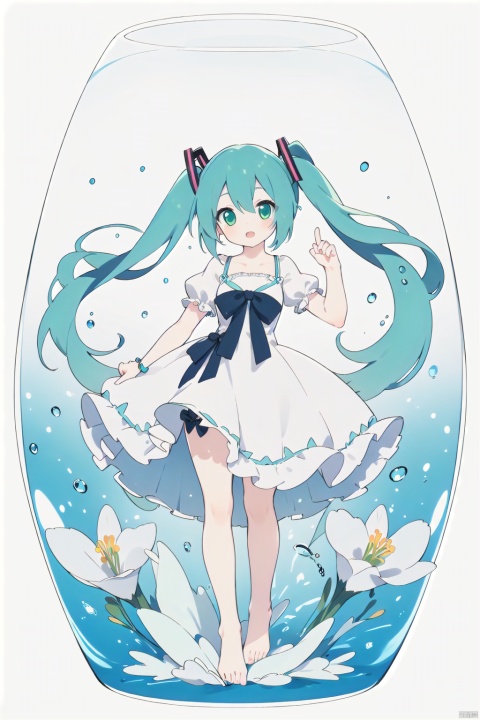  -1girl, long hair, solo, hatsune miku, green hair, twintails, very long hair, in container, flower, green eyes, ribbon, fish, barefoot, dress, polka dot, best quality