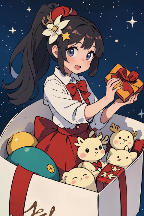  (loli),(petite),black hair,beautiful starry eyes,high ponytail,white collared shirt,hair flower,fipped hair,floating hair,(solo),(presentbox:1.4),jingle bell,(antler ornament:1.2),(star hair ornament:1.2),presentbox, in container