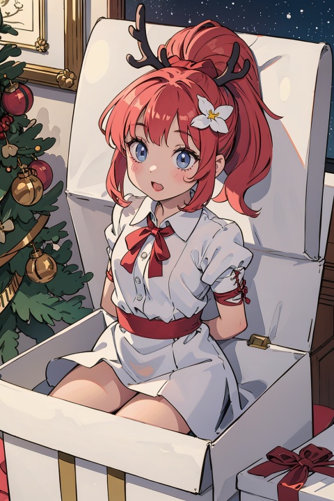  (loli),(petite),bdsm,nsfw,bound_wrists, bound_arms, hogtie,bondage by
 Red satin ribbon,pink hair,beautiful starry eyes,high ponytail,white collared shirt,hair flower,fipped hair,floating hair,(solo),(presentbox:1.4),jingle bell,(antler ornament:1.2),(star hair ornament:1.2),presentbox, in container