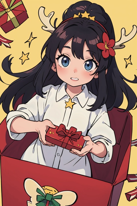  (loli),(petite),black hair,beautiful star eyes,high ponytail,white collared shirt,hair flower,fipped hair,floating hair,(solo),(presentbox:1.4),jingle bell,(antler ornament:1.2),(star hair ornament:1.2),presentbox, in container