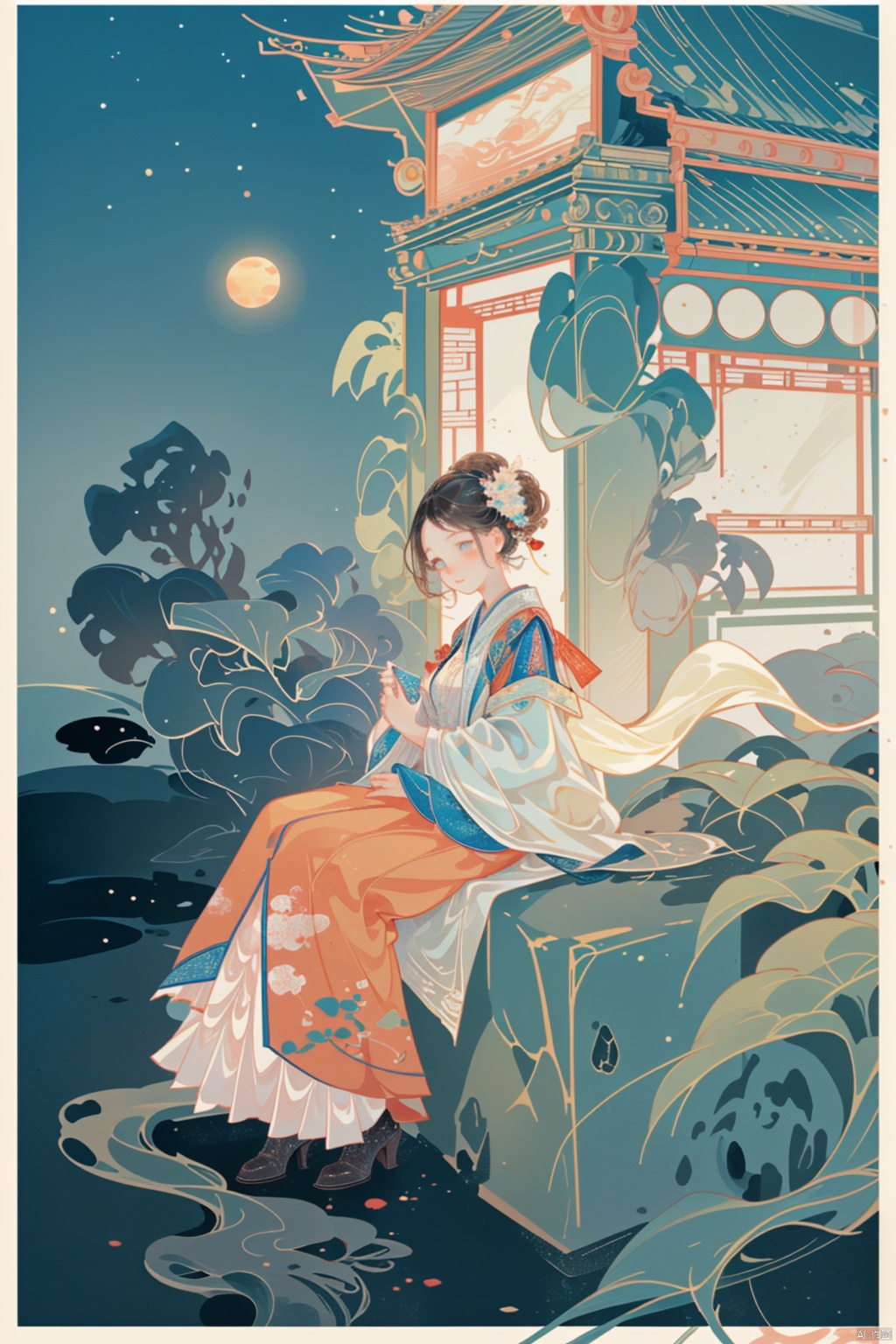 masterpiece,best quality,chinese painting,As the night falls, a girl sits alone in her modest study, gently stroking a yellowed scroll of poetry. Outside the window, the moonlight pours like water, casting his solitary figure on the courtyard's bluestone slabs. His gaze passes through the window, fixated on the bright moon, as endless longing for his distant kin fills his heart., chinese style
