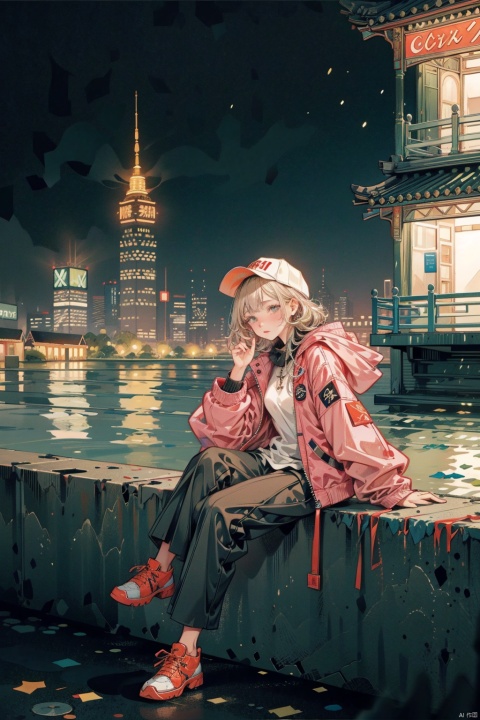  skyscraper, building, city, cityscape, hat, earrings, baseball_cap, 1girl, long_hair, jacket,hood, bridge, solo, architecture, shoes, sitting, city_lights, east_asian_architecture, looking_at_viewer, , neonpunkai, BJ_Violent_graffiti, midjourney, Urban techwear,Outfit, jastyle, chinese style