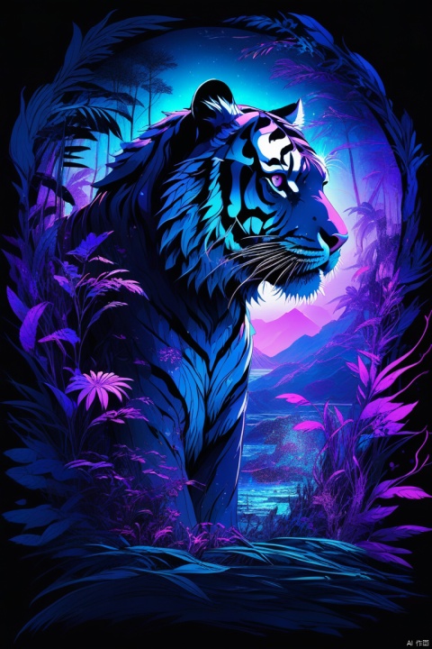  masterpiece,Detailed complex chaotic seascape black light mysterious silhouette of tiger,UV-reactive, black light art concept by Waterhouse, Carne Griffiths, Minjae Lee, Ana Paula Hoppe, Stylized florescent art, Intricate, Complex contrast, HDR,OverallDetail
