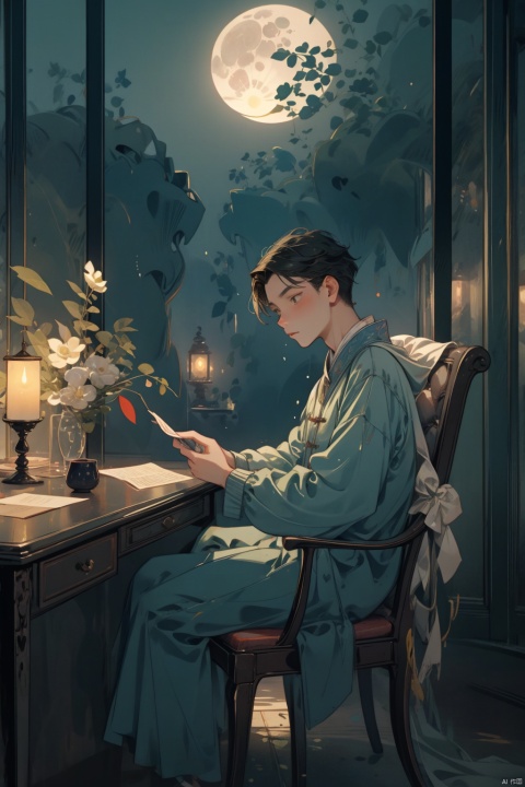 masterpiece,best quality,As the night falls, a scholar sits alone in his modest study, gently stroking a yellowed scroll of poetry. Outside the window, the moonlight pours like water, casting his solitary figure on the courtyard's bluestone slabs. His gaze passes through the window, fixated on the bright moon, as endless longing for his distant kin fills his heart., chinese style