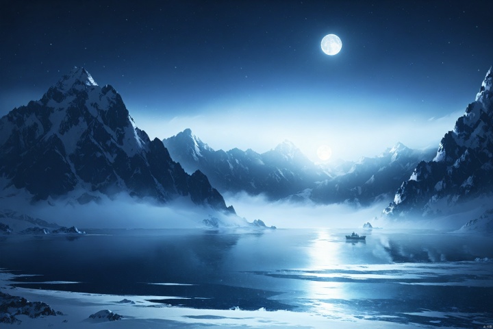 snowy mountain, full moon, night sky, stars, ocean, ice, mist, landscape, natural beauty, cold color palette, winter, Arctic setting, high resolution, clarity, natural light, long exposure, scenic view, wilderness, tranquility,Movie style background