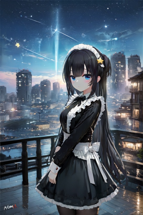  tianliang duohe fangdongye,chen bin,omone hokoma agm tianliang duohe fangdongye,chen bin,omone hokoma agm,torino aqua, solo, long hair, looking at viewer, blush, bangs, blue eyes, black hair, hair ornament, long sleeves, dress, bow, ribbon, hair between eyes, closed mouth, standing, cowboy shot, outdoors, frills, sky, looking back, star \(symbol\), apron, black dress, maid, night, white bow, building, star \(sky\), white apron, sunset, star hair ornament, railing, cityscape, shooting star,((masterpiece, best quality)),a girl,solo, movie style background