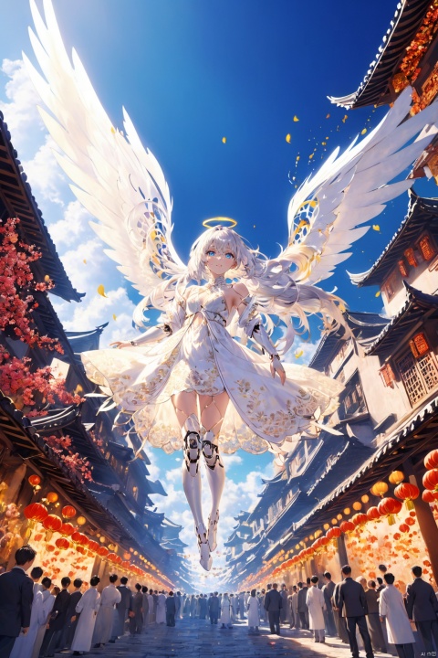  Masterpiece, best quality, epic scenes, impactful visuals, (sunset:1.2),beautiful angels falling from the sky,white hair and blue eyes, robot cyborg full body, swoops down from the sky, lace patterns,white machinery wings, stretched shapes, holy light surround, depth of field, sense of space, vivid colors, surreal themes, ethereal feelings, pressure, dramatic composition, cinematic light and shadow, Diving down over the village dotted with chinese new year elements ,crowd,fractal art, HDR, UHD, lineart style, TIANQIJI,