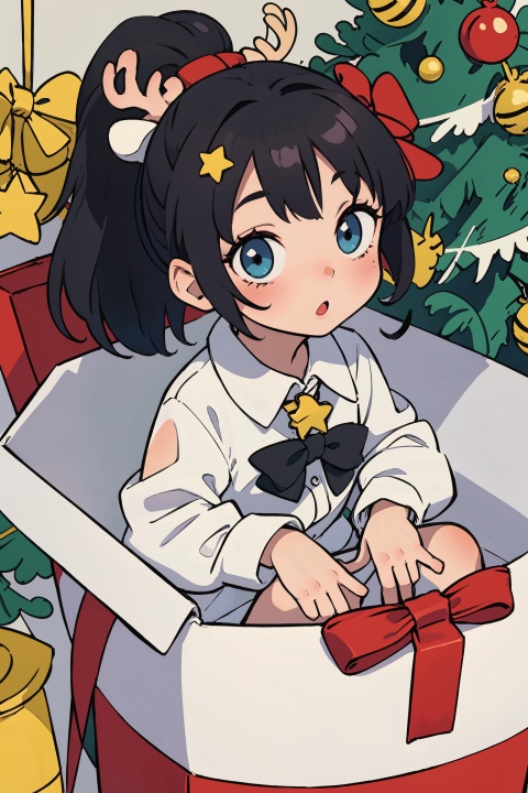  (loli),(petite),black hair,beautiful star eyes,high ponytail,white collared shirt,hair flower,fipped hair,floating hair,(solo),(presentbox:1.4),jingle bell,(antler ornament:1.2),(star hair ornament:1.2),presentbox, in container