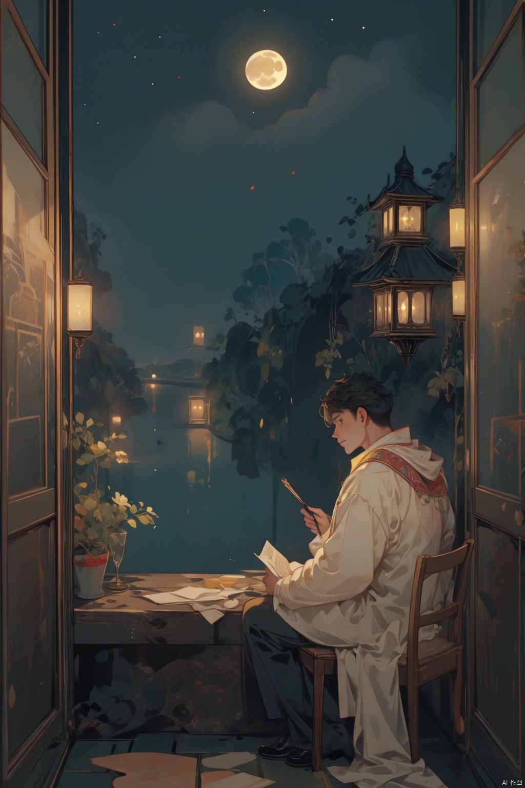 masterpiece,best quality,As the night falls, a scholar sits alone in his modest study, gently stroking a yellowed scroll of poetry. Outside the window, the moonlight pours like water, casting his solitary figure on the courtyard's bluestone slabs. His gaze passes through the window, fixated on the bright moon, as endless longing for his distant kin fills his heart., chinese style