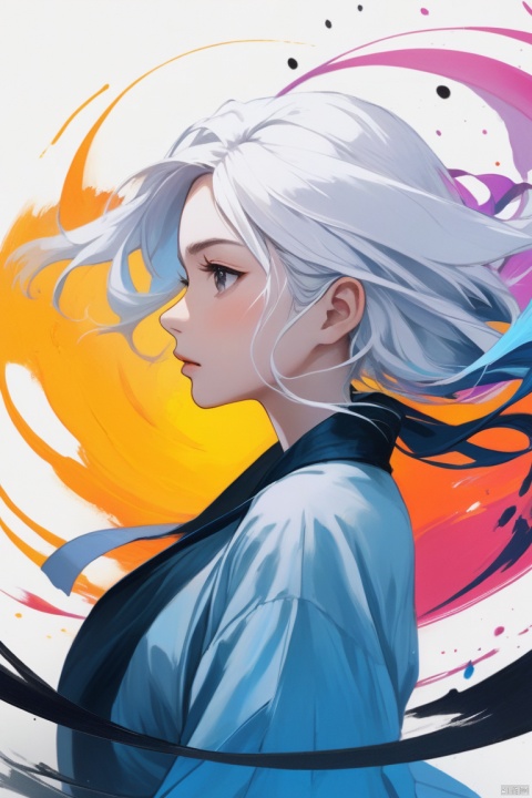  (dramatic, gritty, intense:1.4),masterpiece, best quality,8k, insane details,hyper quality,ultra detailed, Masterpiece,(calligraphy:1.4),(ether colorful ink flowing:1.3),1girl,A shot with tension,white hair,exposed collarbone,sideways,Simple background