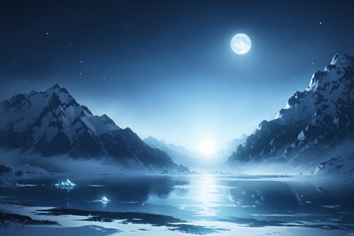 snowy mountain, full moon, night sky, stars, ocean, ice, mist, landscape, natural beauty, cold color palette, winter, Arctic setting, high resolution, clarity, natural light, long exposure, scenic view, wilderness, tranquility,Movie style background