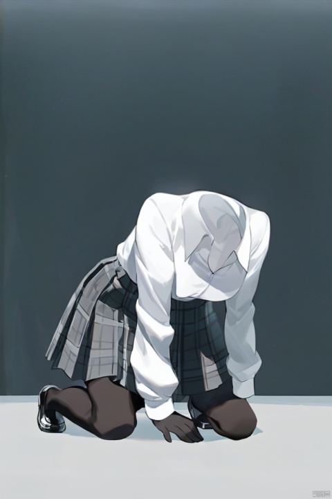 invisible person, 1girl,kneeling down,digital art, white shirt, plaid skirt, black shoes, transparent effect,