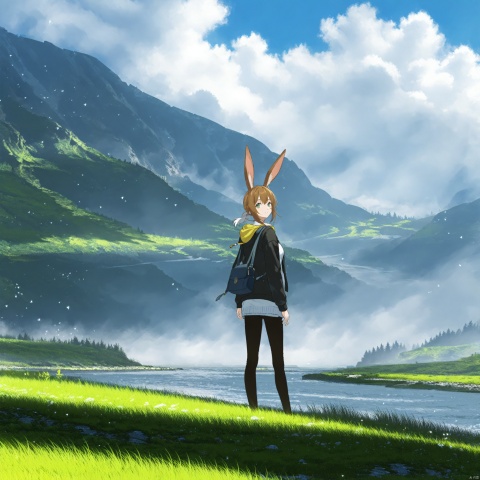  fantasy landscape,river background,blue sky, dynamic pose, rabbit ears, casual clothing, character looking back, peaceful expression, green grass,Movie style background,