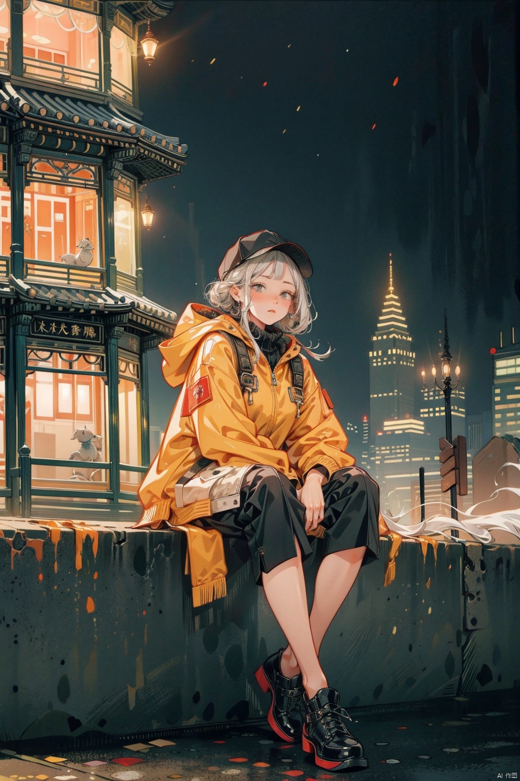  skyscraper, building, city, cityscape, hat, earrings, baseball_cap, 1girl, long_hair, jacket,hood, bridge, solo, architecture, shoes, sitting, city_lights, east_asian_architecture, looking_at_viewer, , neonpunkai, BJ_Violent_graffiti, midjourney, Urban techwear,Outfit, jastyle, chinese style