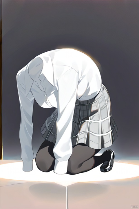 invisible person, 1girl,kneeling down,digital art, white shirt, plaid skirt, black shoes, transparent effect,from front