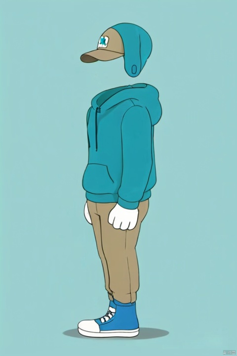  invisible person, teal hoodie, khaki pants, white gloves, blue sneakers, side profile, cartoon, solid color background,