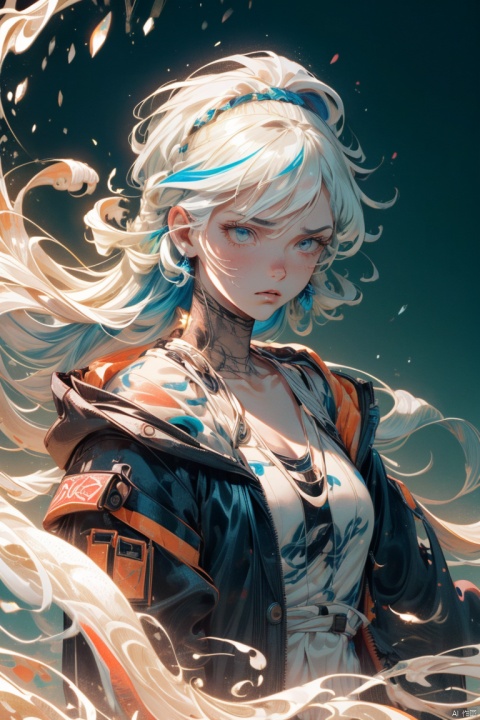  (dramatic, gritty, intense:1.4),masterpiece, best quality,8k, insane details,hyper quality,ultra detailed, Masterpiece,(calligraphy:1.4),(ether colorful ink flowing:1.3),1girl,A shot with tension,white hair,exposed collarbone,sideways,Simple background