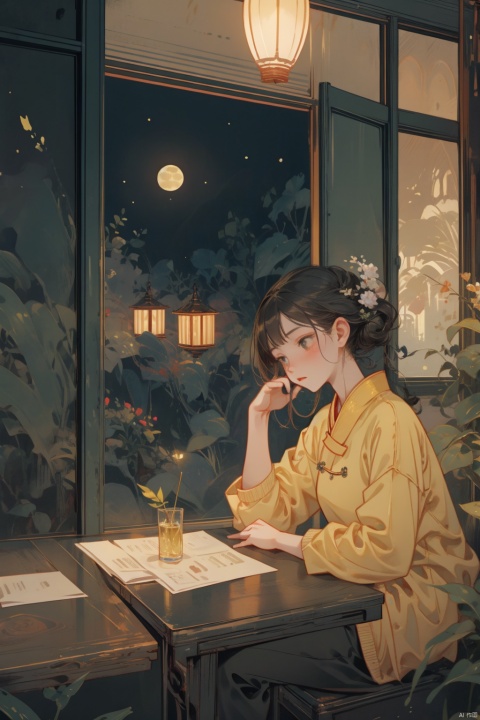 masterpiece,best quality,chinese painting,As the night falls, a girl sits alone in her modest study, gently stroking a yellowed scroll of poetry. Outside the window, the moonlight pours like water, casting his solitary figure on the courtyard's bluestone slabs. His gaze passes through the window, fixated on the bright moon, as endless longing for his distant kin fills his heart., chinese style