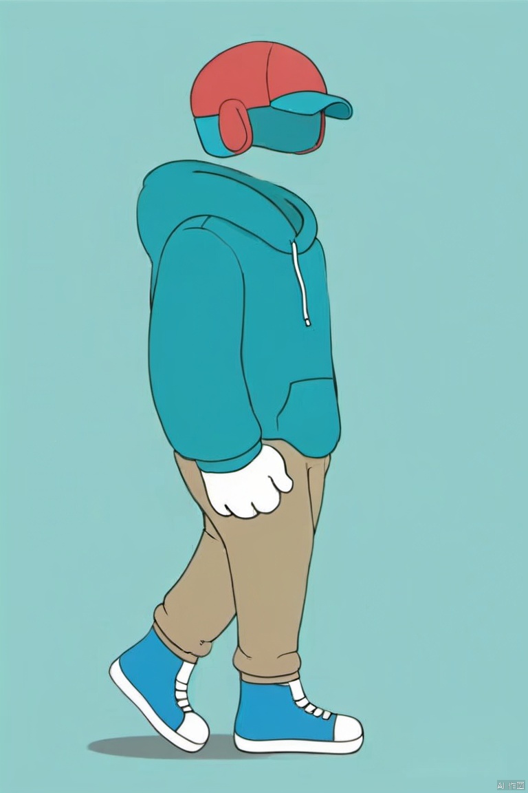  invisible person, teal hoodie, khaki pants, white gloves, blue sneakers, side profile, cartoon, solid color background,