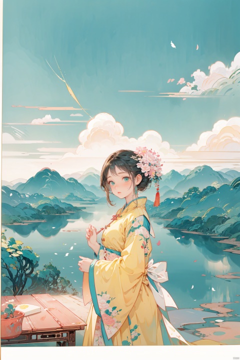  ((masterpiece)),((best quality)),1girl, traditional Chinese painting,inkwash painting,mountain,cloud,river,flower,tree,,pink sun, white and yellow, traditional chinese,clouds, green and blue tone,,curved white background, chinese style