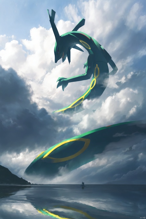  Pokémon fan art,Pokemon Rayquaza, (((best quality)), ((masterpiece)), ((ultra-detailed)), (illustration), (detailed light), (an extremely delicate and beautiful),incredibly_absurdres,(ray tracing),light particle,((1girl)),solo,cloud, sky, scenery, solo, cloudy sky,reflection,sunset,Movie style background,
