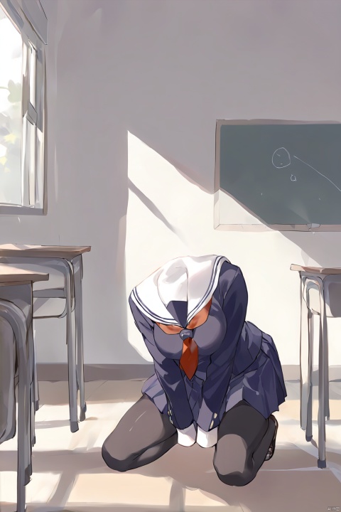  invisible person,1girl,school uniform,from front,kneeling down,classroom,masterpiece,