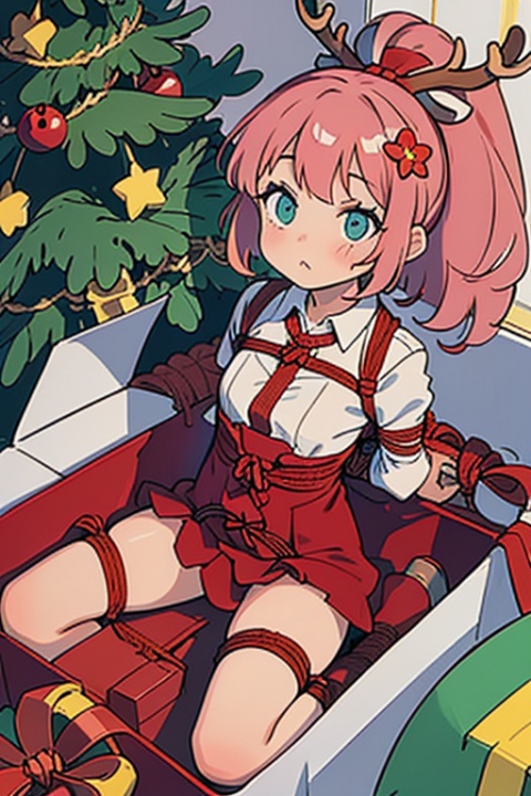  (loli),(petite),bdsm,(rope_bondage:1.2),(bound_arms:1.2),(bondage by
 red rope:1.2),pink hair,beautiful starry eyes,high ponytail,white collared shirt,hair flower,fipped hair,floating hair,(solo),(presentbox:1.4),jingle bell,(antler ornament:1.2),(star hair ornament:1.2),presentbox, in container