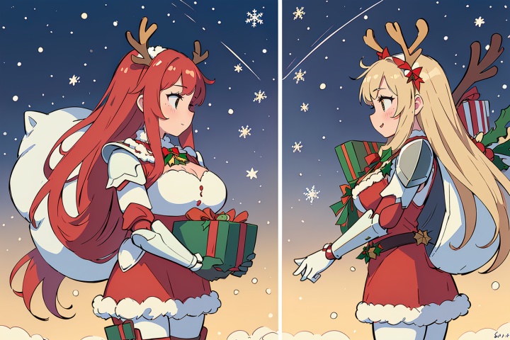  (detailed light), Depth of field, volume light, (an extremely delicate and beautiful), [(confrontation split screen theme:1.2)::0.5], 
/=

(left-side<(Santa Claus<(christmas cloth)<(leading reindeers)>(carry gifts sack))>

/=

(right-side<(girl<(Christmas Mech Armor)<(festive decorations)>(traveling through sky))>, masterpiece