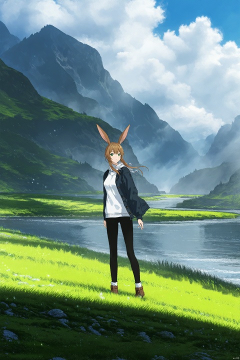 fantasy landscape,river background,blue sky, dynamic pose, rabbit ears, casual clothing, character looking back, peaceful expression, green grass,Movie style background,