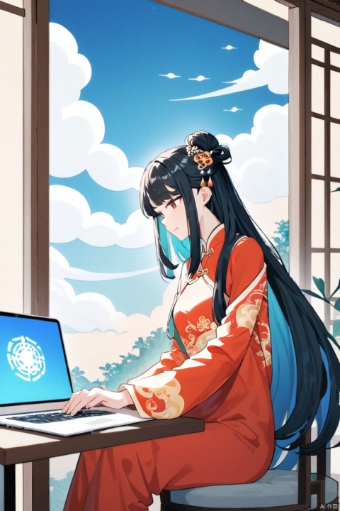  (Dunhuang mural style), artist, 1 girl sitting at computer desk, {She is a Chinese_god}, black hair,Chinese hairstyle,looking at laptop,detailed laptop,wearing gorgeous Chinese clothes,wearing Chinese hair accessories,long sleeves,long silk clothes,gorgeous decoration,in Chinese courtyard,beautiful auspicious clouds,a lot of fog,, best quality, amazing quality, very aesthetic, absurdres

, film grain