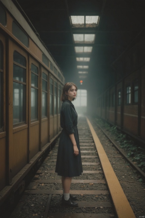  Dazed girl standing in an empty train station, (high level of detail), lonesome atmosphere, abandoned platform, (dark shadows), (brick walls), (rusty metal fixtures), (broken glass), (overgrown vegetation), foggy environment, (dreamlike quality), (soft lighting), (pensive expression), (reflective surfaces), (timeworn tiles)