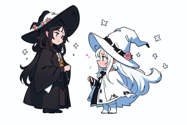  (white background:1.2), (black and white:1.3), beautiful detailed glow, [(confrontation split screen theme:1.2)::0.3], [(2 girls:1.2)::0.3]
/=
(left-side<(black(girl<(black_witch_costume, wizard hat)>has long black_hair))>:1.25), (Medium breasts), (nsfw:0.1), (full body), (extremely delicate and beautiful:1.2), (chibi:0.5)
/=
(Face to face, symmetrical docking:1.3), (flowering hedge, floating petals:1.2), best shadow
/=
(right-side<(white(girl<(white_witch_costume, wizard hat)>has long white_hair))>:1.25), (Medium breasts), (nsfw:0.1), (full body), (extremely delicate and beautiful:1.2), (chibi:0.5)