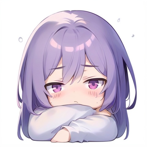A cute emoji, game icon, game icon institute, A girl, White background, Tired, Purple hair, Collapse, Faint,
