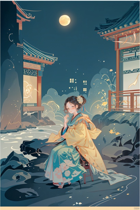 masterpiece,best quality,chinese painting,As the night falls, a girl sits alone in her modest study, gently stroking a yellowed scroll of poetry. Outside the window, the moonlight pours like water, casting his solitary figure on the courtyard's bluestone slabs. His gaze passes through the window, fixated on the bright moon, as endless longing for his distant kin fills his heart., chinese style