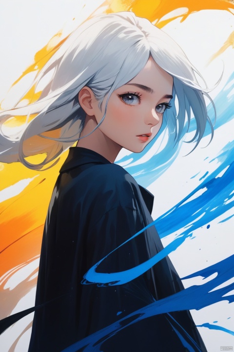  (dramatic, gritty, intense:1.4),masterpiece, best quality,8k, insane details,hyper quality,ultra detailed, Masterpiece,(calligraphy:1.4),(ether colorful ink flowing:1.3),1girl,A shot with tension,white hair,exposed collarbone,sideways,Simple background