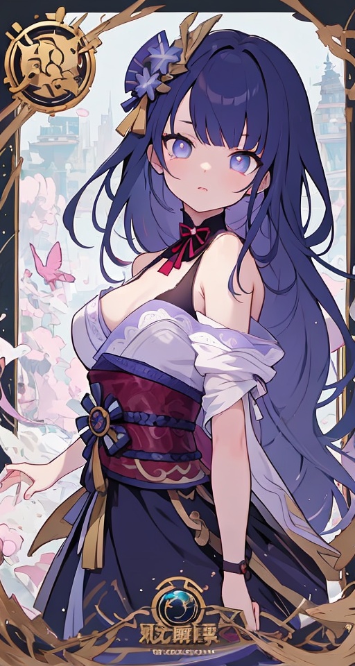  masterpiece,(aesthetic:1.2), (illustration:1.1), a captivating card artwork featuring a game character, a fierce and dynamic young girl, surrounded by magical elements and vibrant colors, with intricate details and expressive eyes, hinting at an adventure-filled story in a mysterious background, jianyifengge, raiden shogun