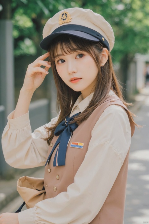  jastyle,1 girl,Official art, Uniform 8k quality, Super Detail, holding hat,