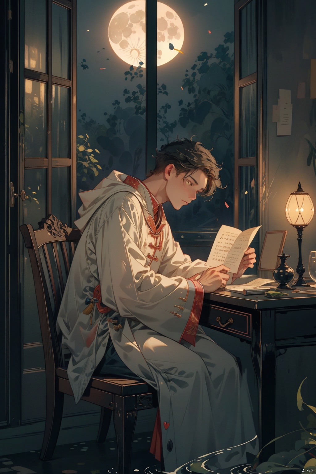 As the night falls, a scholar sits alone in his modest study, gently stroking a yellowed scroll of poetry. Outside the window, the moonlight pours like water, casting his solitary figure on the courtyard's bluestone slabs. His gaze passes through the window, fixated on the bright moon, as endless longing for his distant kin fills his heart., chinese style