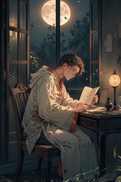 As the night falls, a scholar sits alone in his modest study, gently stroking a yellowed scroll of poetry. Outside the window, the moonlight pours like water, casting his solitary figure on the courtyard's bluestone slabs. His gaze passes through the window, fixated on the bright moon, as endless longing for his distant kin fills his heart., chinese style