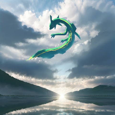  (((best quality)), ((masterpiece)), ((ultra-detailed)), (illustration), (detailed light), (an extremely delicate and beautiful),incredibly_absurdres,(ray tracing),light particle,((1girl)),solo,cloud, sky, scenery, solo, cloudy sky,reflection,sunset,Movie style background,Pokémon fan art,Pokemon Rayquaza