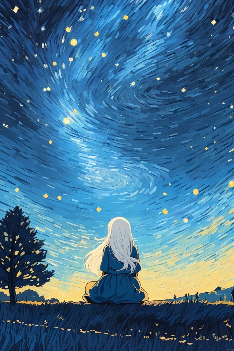  illustration, ((close)),from side,a kawaii girl with long white hair, featuring bangs and captivating blue eyes,sitting,looking at the sky, a path to dreams,(cartoon:1.2),BREAK,beauty,\
(Van Gogh's starry night\:1.2), dreams, health, art, illustrations,Create a dreamlike starry background, warm and beautiful, abstract and realistic, an extremely delicate and beautiful,extremely detailed,8k wallpaper,Amazing,finely detail,best quality,official art,extremely detailed, CG, unity, 8k, wallpaper , Children's Illustration Style, Scribble,