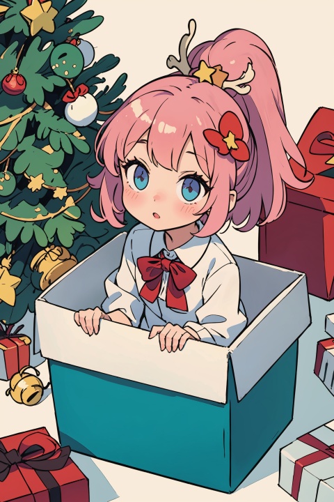  (loli),(petite),pink hair,beautiful starry eyes,high ponytail,white collared shirt,hair flower,fipped hair,floating hair,(solo),(presentbox:1.4),jingle bell,(antler ornament:1.2),(star hair ornament:1.2),presentbox, in container
