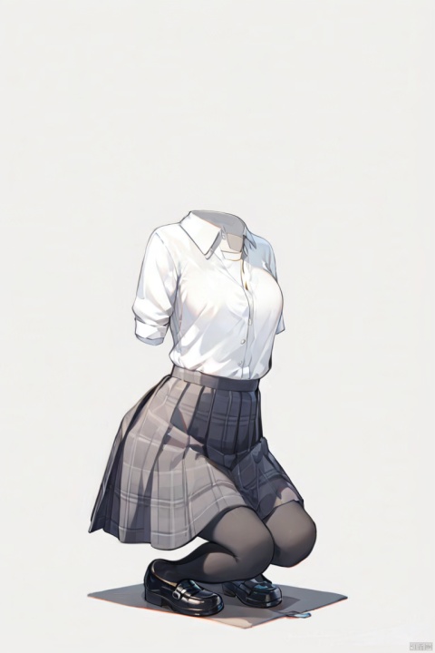  invisible person, 1girl,kneeling down,digital art, white shirt, plaid skirt, black shoes,from front